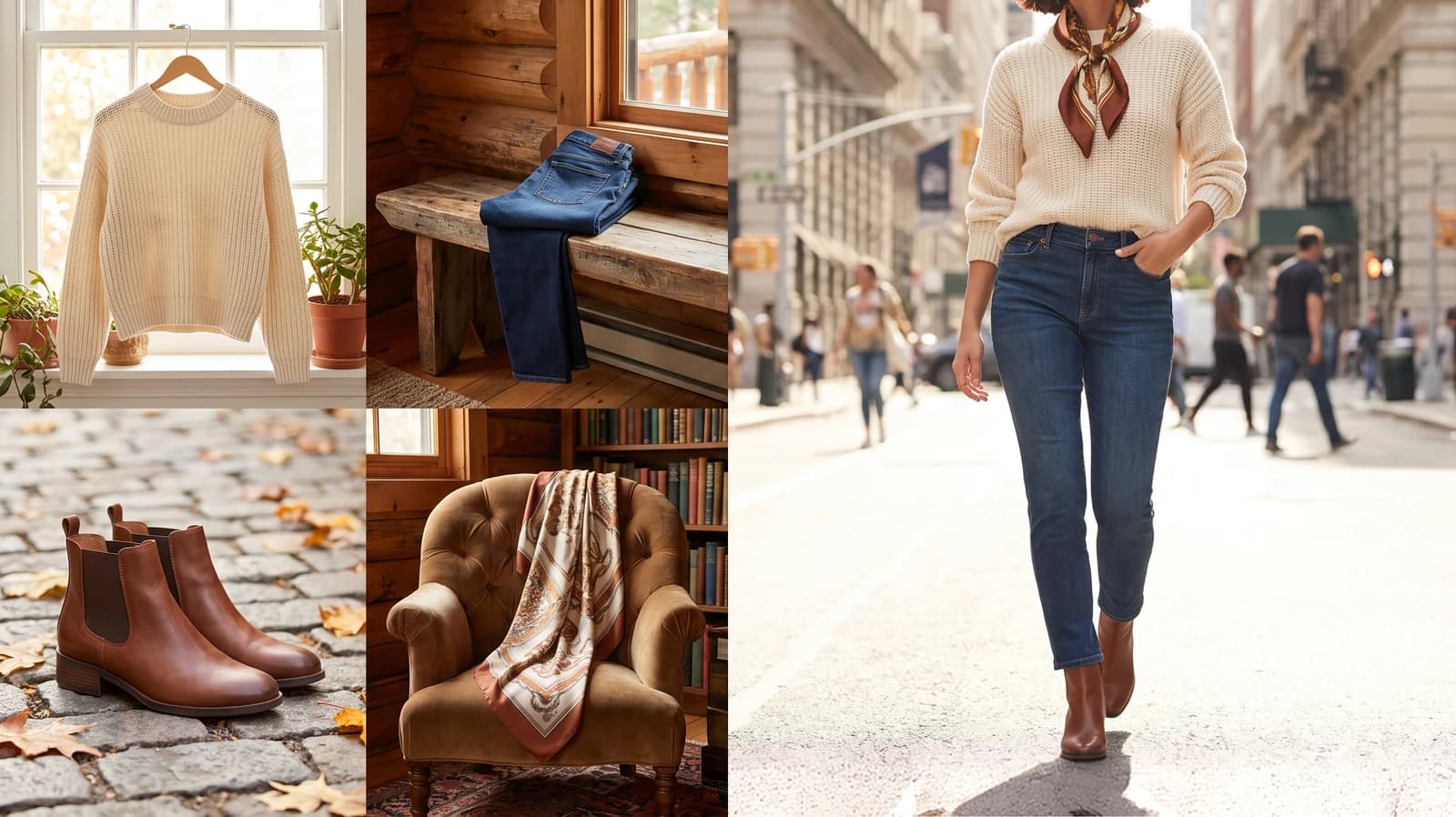 Maglia, jeans, stivaletti e foulard compongono un outfit indossato da una modella